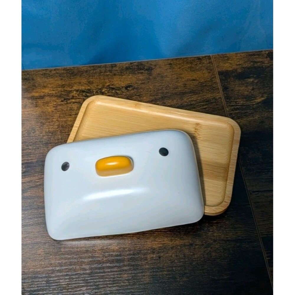 PURROOM Duck Butter Dish Countertop Bamboo Porcelain Lid Wooden Tray Storage - Picture 2 of 5